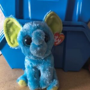 Ty Vibrant Blue Elephant Plush with Green Ears